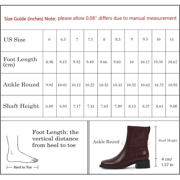 Women's Burgundy Square Toe Chunky Short Booties Fall Boots Side Zipper - Picture 3 of 7